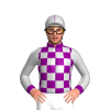 PURPLE , SILVER CHEQUERS, SILVER SLEEVES WITH PURPLE CUFFS, SILVER CAP WITH PURPLE SEAMS
