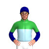 GREEN, LIGHT BLUE HALVED,WHITE STYLISED LOGO, NAVY SLEEVES, GREEN HALVED, NAVY CAP