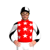 RED, WHITE STARS, WHITE SLEEVES, BLACK DIAGONAL STRIPES, BLACK CAP, WHITE QUARTERS