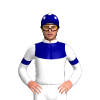 White, Navy Blue Yoke And Armbands, Navy Blue And White Spots Cap, White Pom Pom