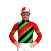 BLACK , GREEN DIAGONAL STRIPES, RED SASH, RED SLEEVES, GREEN & BLACK ARM BANDS, RED, WHITE QUARTERS CAP,WHITE PEAK