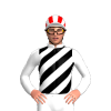 WHITE,BLACK DIAGONAL STRIPES,WHITE SLEEVES,WHITE CAP,RED STRIPES