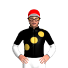 BLACK,GOLD SPOTS SASH,WHITE SLEEVES,BLACK HALVED,RED CAP,WHITE PEAK