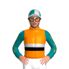ORANGE, SILVER AND BLACK BAND, TEAL SLEEVES, ORANGE DIAMOND STRIPE, TEAL CAP, SILVER QUARTERS, WHITE PEAK
