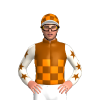 BROWN, ORANGE HALVED, BROWN CHECKS, OLD LACE SLEEVES, BROWN STARS, ORANGE CAP, BROWN CHECKS, WHITE PEAK