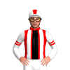 RED, BLACK STRIPE, WHITE BRACES, WHITE SLEEVES, RED & BLACK ARMBANDS, WHITE CAP, RED & BLACK STRIPE CAP