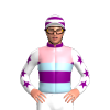 PURPLE, LIGHT PINK YOKE, LIGHT BLUE BAND, WHITE SLEEVES, PURPLE STARS, CAP, LIGHT PIN HOOPS, WHITE PEAK
