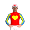 RED, YELLOW HEART, YELLOW SLEEVES, BLUE STRIPES, LT PINK CAP, RED STAR, WHITE PEAK