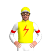 YELLOW, RED LIGHTNING BOLT, WHITE SLEEVES, RED ARMBAND, YELLOW CAP, RED ZIGZAG CHEVRON, WHITE PEAK