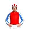 RED, BLUE SLEEVES, WHITE STRIPES, RED CAP, WHITE STRIPES, PEAK