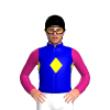 MEDIUM BLUE, YELLOW DIAMOND BAND, MAGENTA SLEEVES, Black cap