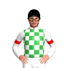 WHITE, GREEN CHECKS, WHITE SLEEVES, RED ARMBANDS, Black cap