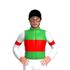 GREEN, RED BAND,WHITE SLEEVES, RED ARMBANDS, Black cap