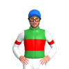 GREEN, RED BAND,WHITE SLEEVES, RED ARMBANDS, Blue cap