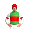 GREEN, RED BAND,WHITE SLEEVES, RED ARMBANDS, Red cap