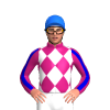 WHITE, MAGENTA DIAMOND CHECK, MAGENTA SLEEVES, MEDIUM BLUE STRIPE, MAGENTA COLLAR, Blue cap