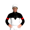 BLACK, WHITE HALVED,BLACK DIAMOND BAND, RED ARMBANDS, White cap