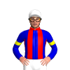 MEDIUM BLUE, RED STRIPES , MEDIUM BLUE SLEEVES,YELLOW ARM BAND,RED COLLAR, White cap