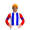 WHITE, MEDIUM BLUE STRIPES, RED SLEEVES ,MEDIUM BLUE ARMBANDS, Orange cap