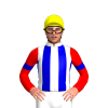 WHITE, MEDIUM BLUE STRIPES, RED SLEEVES ,MEDIUM BLUE ARMBANDS, Yellow cap