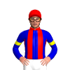 MEDIUM BLUE, RED STRIPES , MEDIUM BLUE SLEEVES,YELLOW ARM BAND,RED COLLAR, Red cap