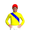 YELLOW, MEDIUM BLUE RIGHT SASH, Red cap