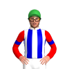 WHITE, MEDIUM BLUE STRIPES, RED SLEEVES ,MEDIUM BLUE ARMBANDS, Green cap