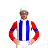 WHITE, MEDIUM BLUE STRIPES, RED SLEEVES ,MEDIUM BLUE ARMBANDS, White cap