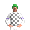 WHITE, GREY CHECKS,WHITE SLEEVES,MEDIUM PURPLE DOUBLE ARMBANDS, Green cap