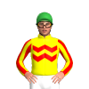 YELLOW, TWO RED ZIGZAG CHEVRON, STRIPES SLEEVES, Green cap