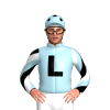 LIGHT BLUE, BLACK L,WHITE SLEEVES, BLACK DIAGONAL STRIPES, LIGHT BLUE CAP,BLACK SPOTS