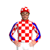 RED, WHITE CHECKS, WHITE SLEEVES, RED CHECKS, MEDIUM BLUE STRIPE, RED CAP, WHITE CHECKS