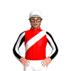 RED, WHITE SASH, WHITE SLEEVES, BLACK STRIPES, WHITE CAP