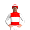 RED, WHITE BAND, SLEEVES, RED CAP, WHITE HOOPS