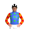 Royal Blue, Lime Green Stars, Red And Orange Hooped Sleeves, Black And White Striped Cap