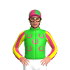 Lime Green, Pink Horseshoes, Pink And Yellow Diagonal Striped Sleeves, Pink And Green Quartered Cap