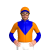 ORANGE, MEDIUM BLUE BIB, COLLAR, MEDIUM BLUE SLEEVES, ORANGE HALVES, MEDIUM BLUE PEAK