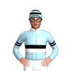 LIGHT BLUE, BLACK AND WHITE BAND,COLLAR, LIGHT BLUE SLEEVES, BLACK,WHITE,BLACK ARMBANDS, LIGHT BLUE CAP,BLACK HOOPS,WHITE CIRCLE