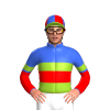 ROYAL BLUE, RED HALVED, YELLOW GREEN BAND, RED SLEEVES, ROYAL BLUE HALVED, YELLOW GREEN ARMBANDS, ROYAL BLUE CAP, RED QUARTERS, YELLOW GREEN PEAK