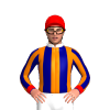 ORANGE, NAVY STRIPES, WHITE COLLAR,RED SLEEVES, NAVY STRIPES, RED CUFFS, RED CAP