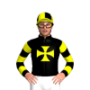 BLACK, YELLOW MALTESE CROSS, BLACK SLEEVES, YELLOW HOOPS, YELLOW CAP, BLACK QUARTERS