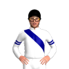 WHITE, NAVY RIGHT SASH, NAVY DOUBLE ARMBANDS, Black cap