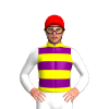 YELLOW,PURPLE HOOPS,WHITE SLEEVES, Red cap