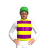 YELLOW,PURPLE HOOPS,WHITE SLEEVES, Green cap