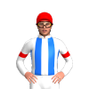 White, Blue Vertical Stripes, Red Armbands And Cap