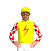 Yellow, Red Lightning Bolt, Red And White Checkered Sleeves, Yellow Cap With Red Lightning Bolts