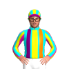 AQUA,YELLOW STRIPE,ORANGE AND PURPLE BRACES,YELLOW SLEEVES,SHOCKING PINK STRIPES, AQUA STRIPE,PURPLE CAP,AQUA CAP, YELLOW STRIPES, SHOCKING PINK PEAK