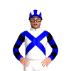 WHITE,MEDIUM BLUE CROSSED SASH,SLEEVES,BLACK HOOPS, MEDIUM BLUE CAP,WHITE STRIPES CAP