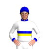 WHITE,MEDIUM BLUE AND YELLOW BAND,WHITE SLEEVES,MEDIUM BLUE CUFFS,COLLAR,CAP