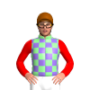 LIGHT GREEN, MEDIUM PURPLE CHECKS, RED SLEEVES, BROWN CAP
